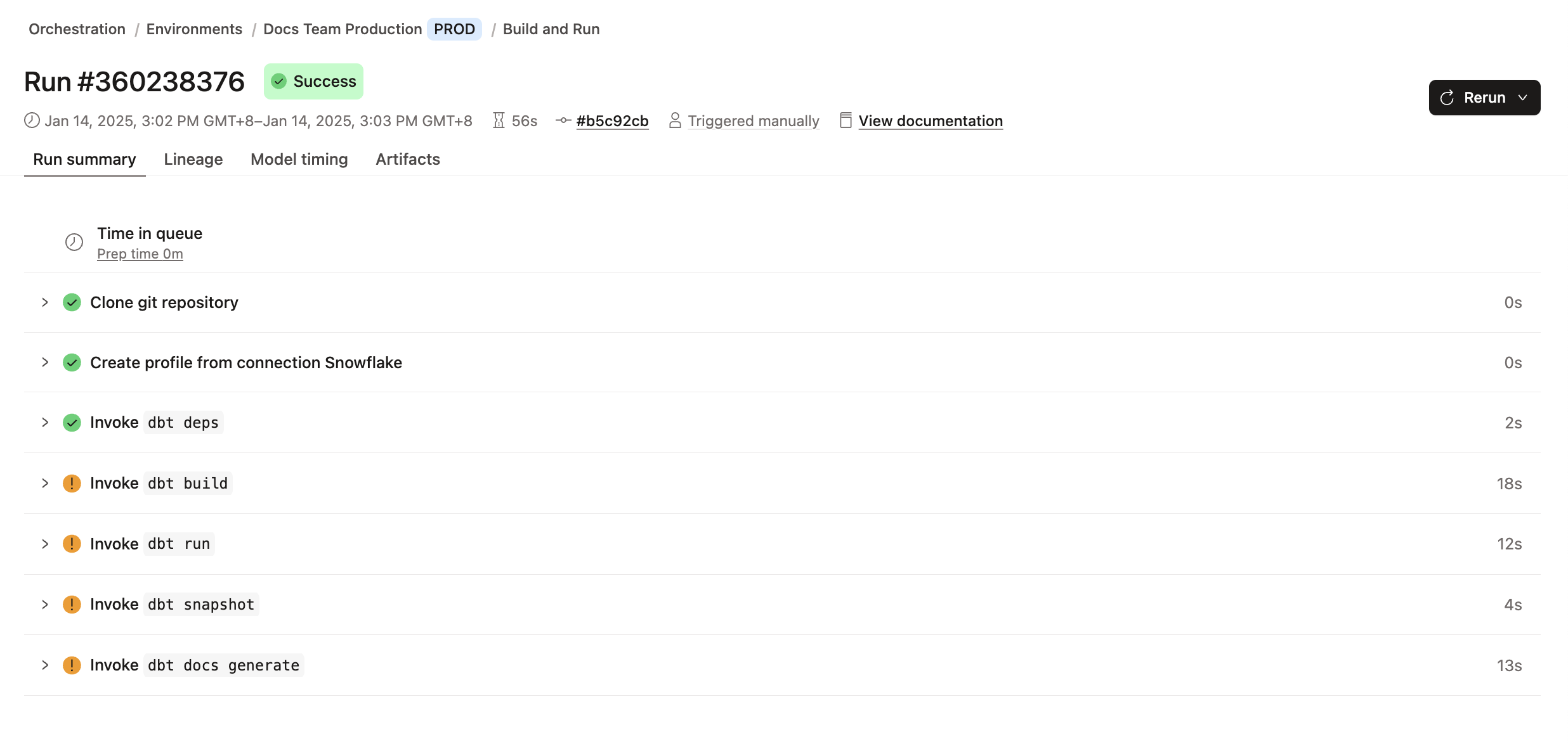 Overview of a dbt job run, which includes the job run details, trigger type, commit SHA, environment name, detailed run steps, logs, and more. Overview of a dbt job run, which includes the job run details, trigger type, commit SHA, environment name, detailed run steps, logs, and more.